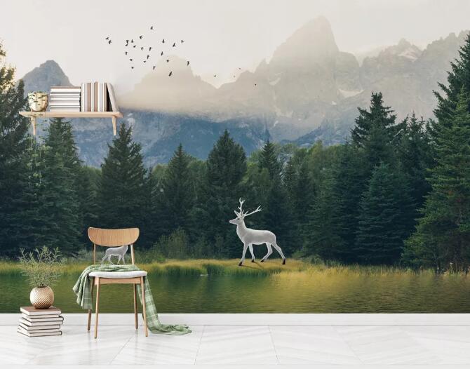 3D White Deer Forest WC752 Wall Murals