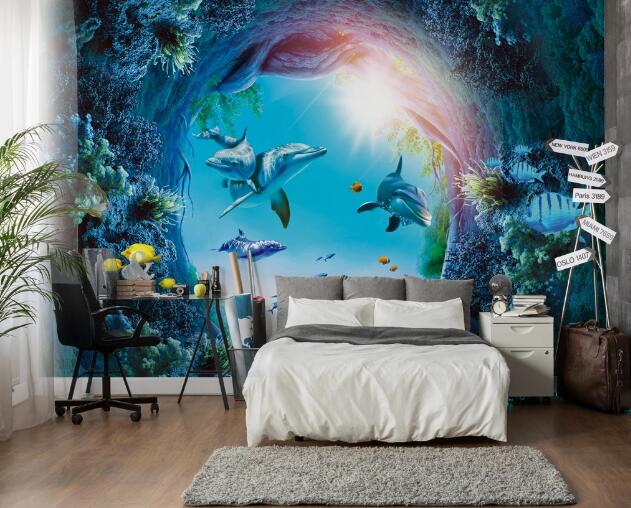 3D Coral Dolphin WC740 Wall Murals