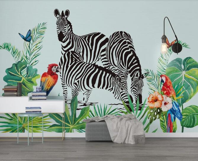 3D Zebra Parrot WC576 Wall Murals