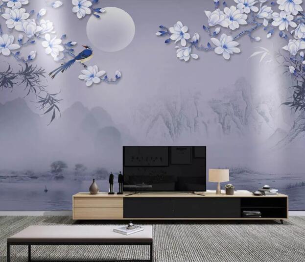 3D Moon Blue Bird WC1719 Wall Murals