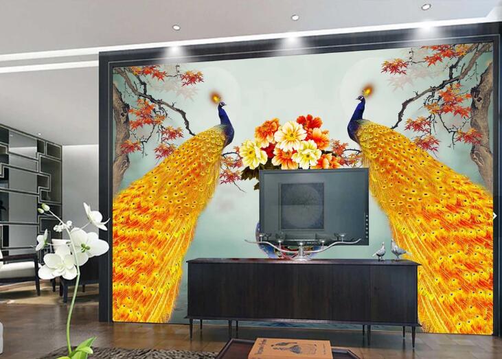 3D Yellow Peacock WC682 Wall Murals