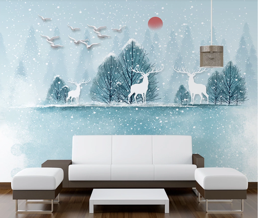 3D Snow Forest Deer WC1936 Wall Murals