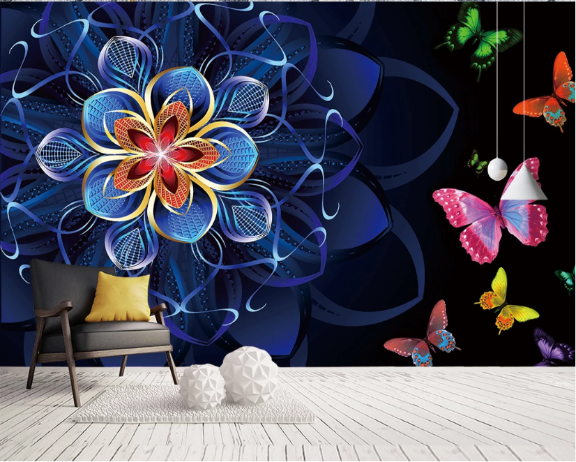 3D Blue Flower Butterfly WC1835 Wall Murals