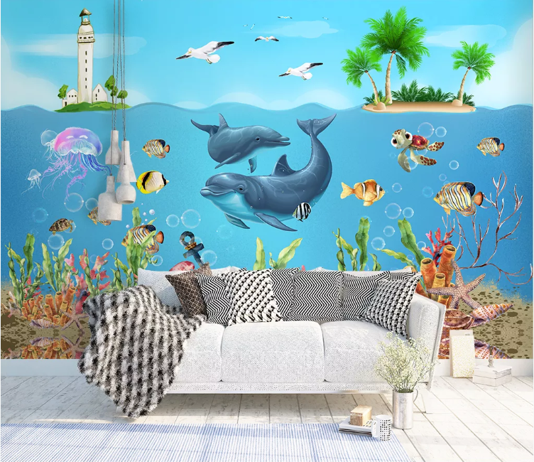 3D Jellyfish Dolphin WC1623 Wall Murals