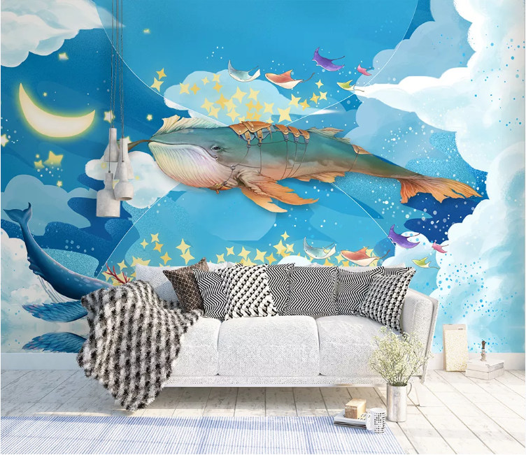 3D Moon Whale WC1596 Wall Murals