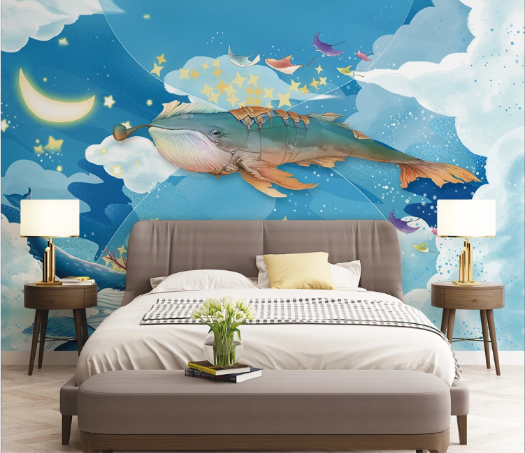 3D Moon Whale WC1596 Wall Murals