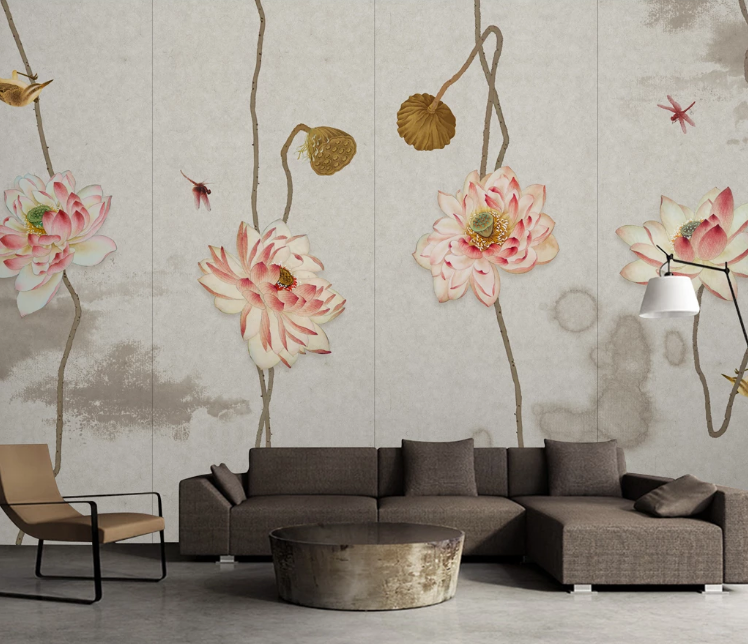 3D Lotus Dragonfly WC943 Wall Murals