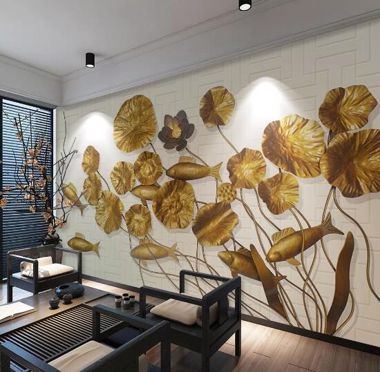 3D Golden Lotus Leaf WC556 Wall Murals