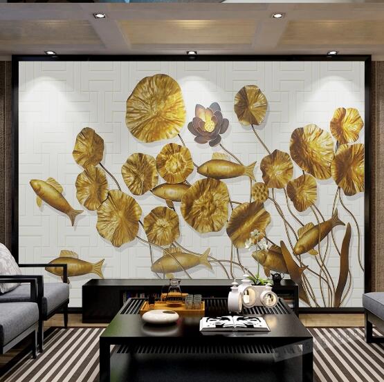 3D Golden Lotus Leaf WC556 Wall Murals