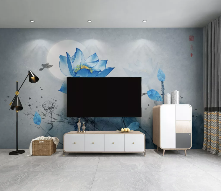 3D Blue Lotus Moon WC2608 Wall Murals