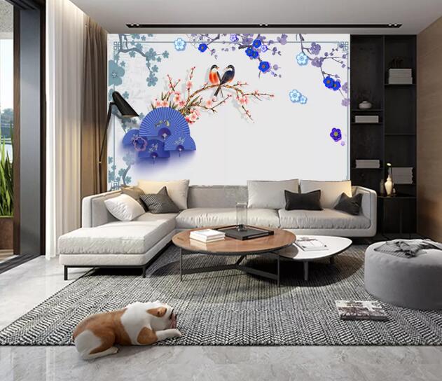 3D Blue Flower Bird WC914 Wall Murals