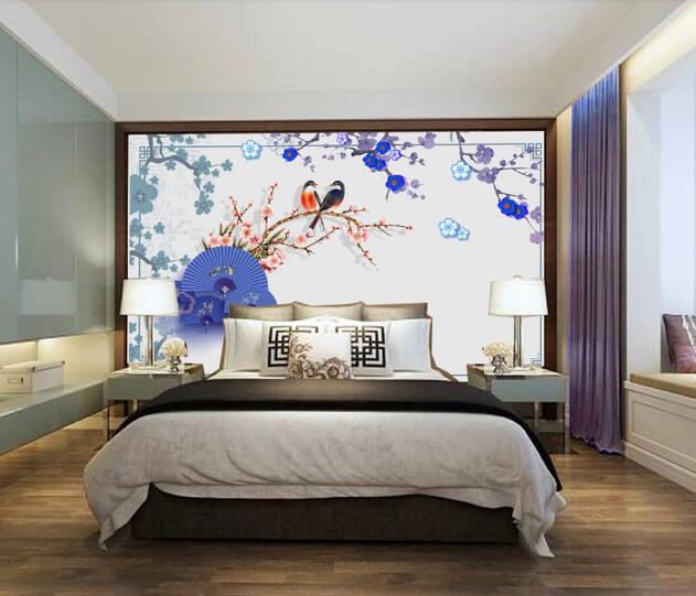 3D Blue Flower Bird WC914 Wall Murals