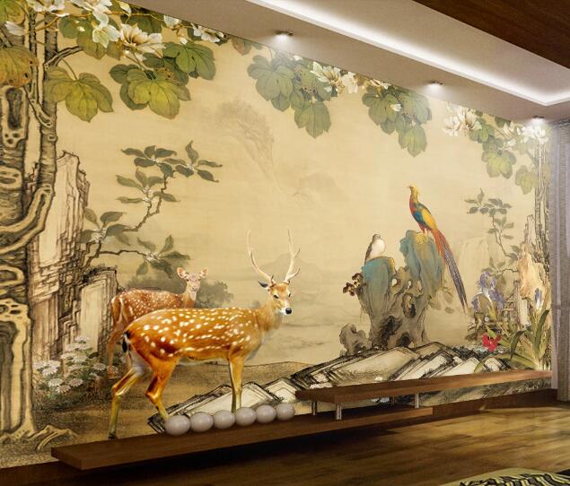 3D Sika Deer Peacock WC1368 Wall Murals