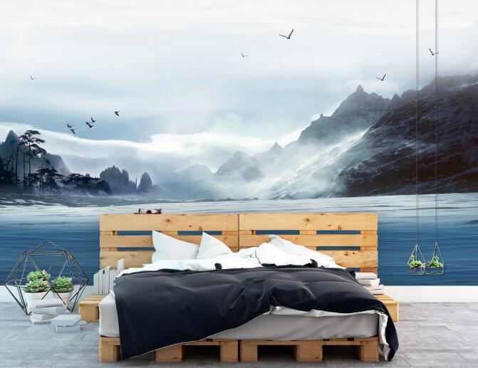 3D Mountain Boat WC749 Wall Murals