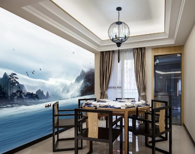 3D Mountain Boat WC749 Wall Murals