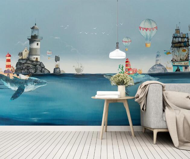 3D Whale Lighthouse WC1146 Wall Murals