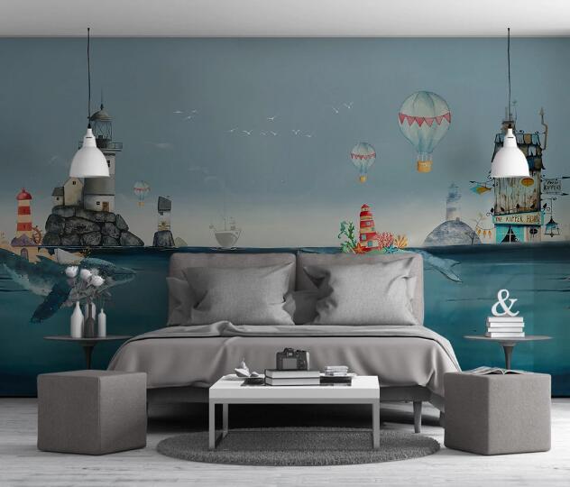 3D Whale Lighthouse WC1146 Wall Murals