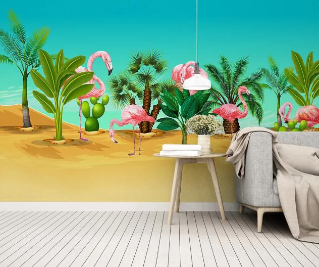 3D Cactus Flamingo WC1057 Wall Murals