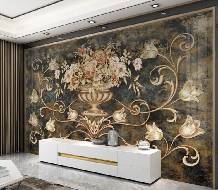 3D Metal Vase Roses WC2407 Wall Murals