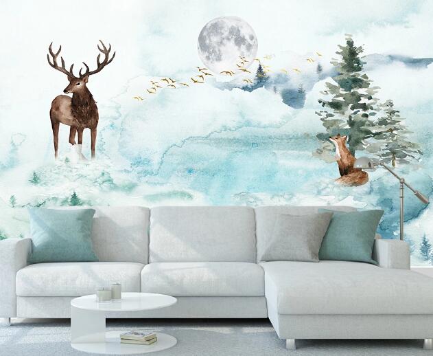 3D Moon Tree Deer WC1178 Wall Murals