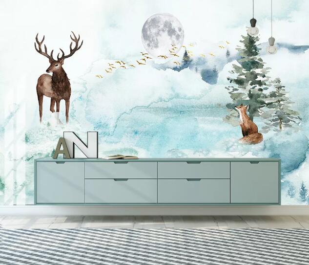 3D Moon Tree Deer WC1178 Wall Murals