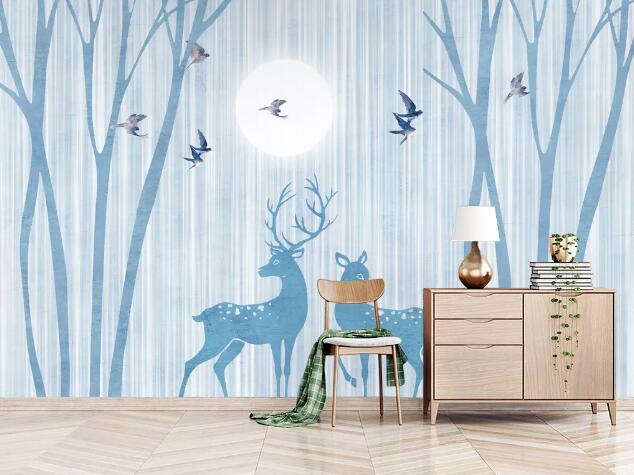 3D Blue Deer Swallow WC814 Wall Murals