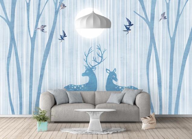 3D Blue Deer Swallow WC814 Wall Murals