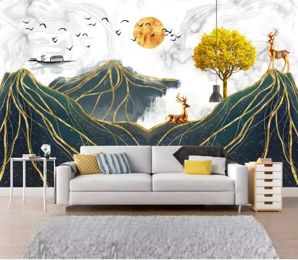 3D Tree Fawn Boat WC2275 Wall Murals