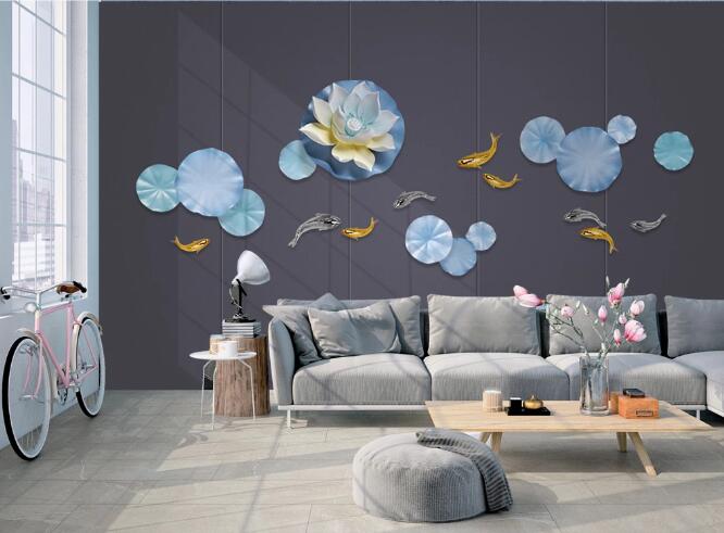 3D Lotus Goldfish WC1737 Wall Murals