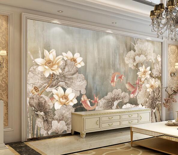 3D Lotus Red Goldfish WC1803 Wall Murals