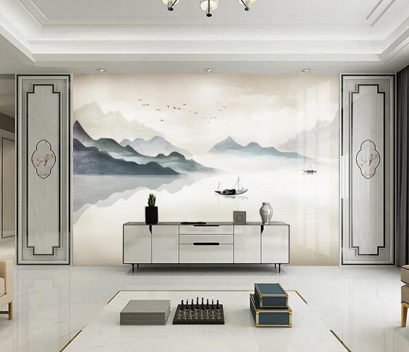 3D Lake Boat Mountain WC1764 Wall Murals