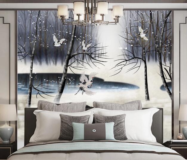 3D Snow Forest Crane WC1695 Wall Murals