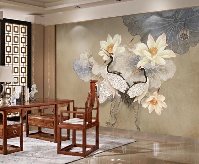 3D White Crane Lotus WC1505 Wall Murals