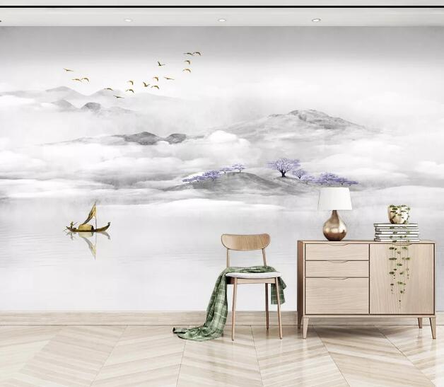 3D Fog Lake Boat WC1390 Wall Murals