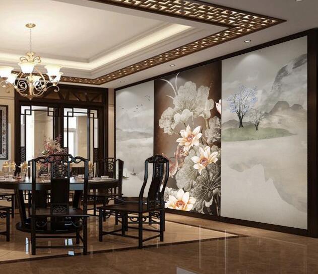 3D Lotus Goldfish Boat WC1351 Wall Murals