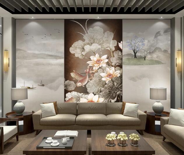 3D Lotus Goldfish Boat WC1351 Wall Murals