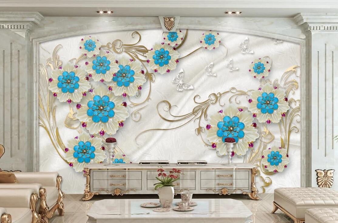 3D Blue Flower Jewelry WC267 Wall Murals