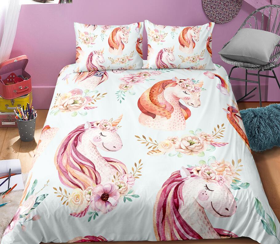 3D Pink Unicorn Flower 0066 Bed Pillowcases Quilt