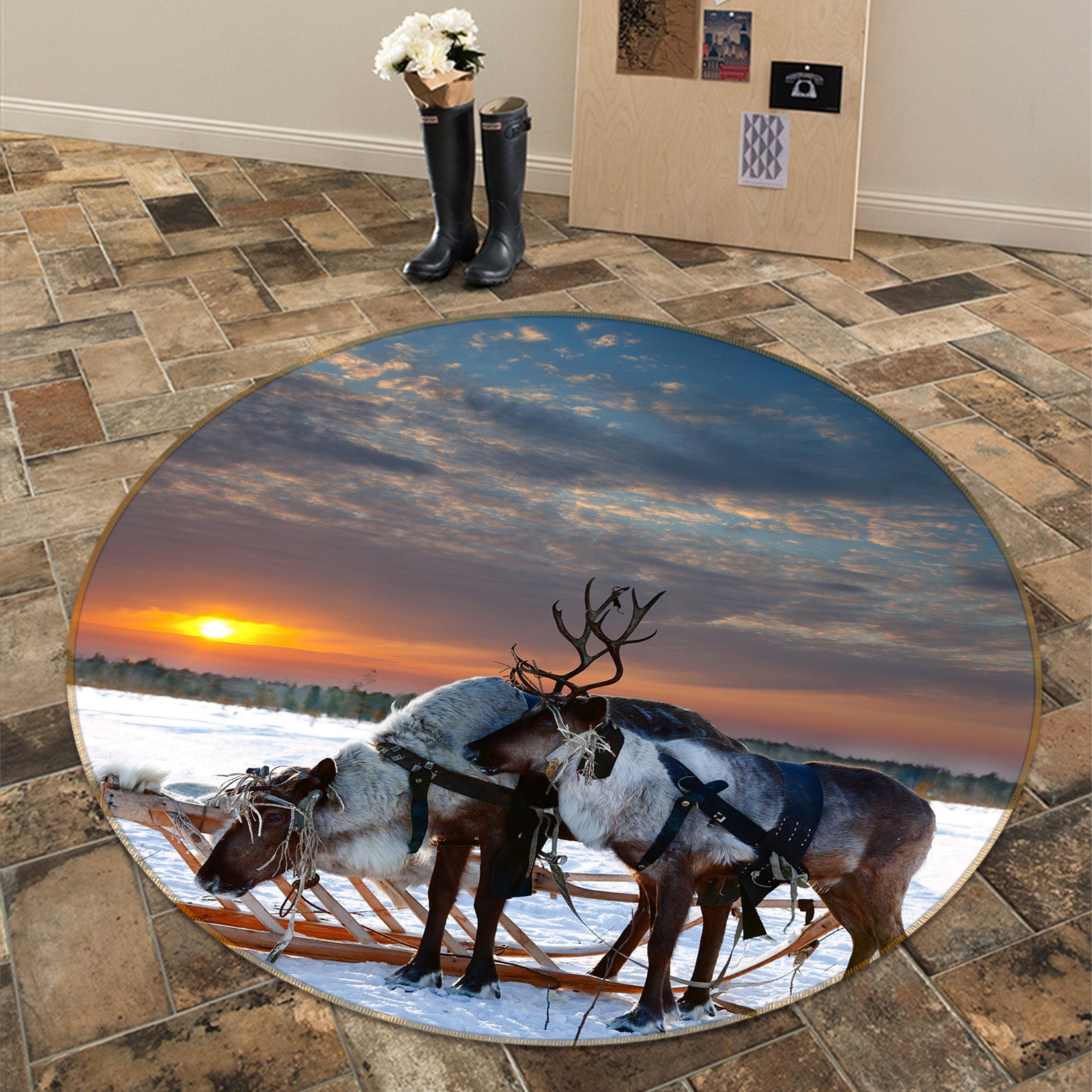 3D Snow Elk 38046 Animal Round Non Slip Rug Mat