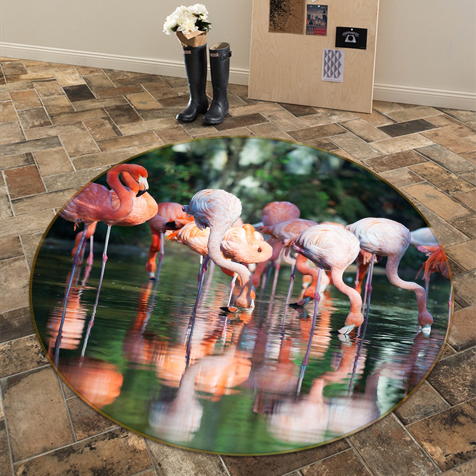 3D Flamingo Group 82223 Animal Round Non Slip Rug Mat