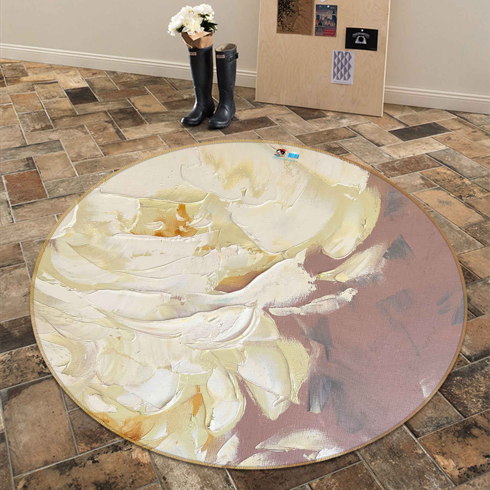 3D White Rose 3891 Skromova Marina Rug Round Non Slip Rug Mat