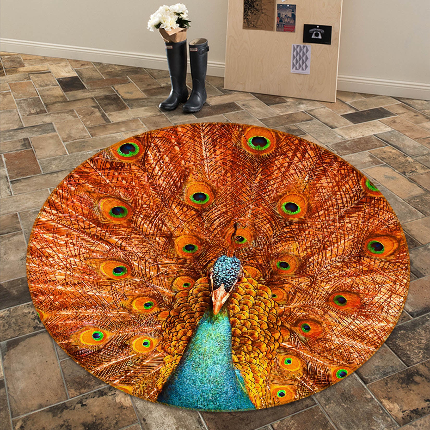 3D Peacock 37197 Animal Round Non Slip Rug Mat