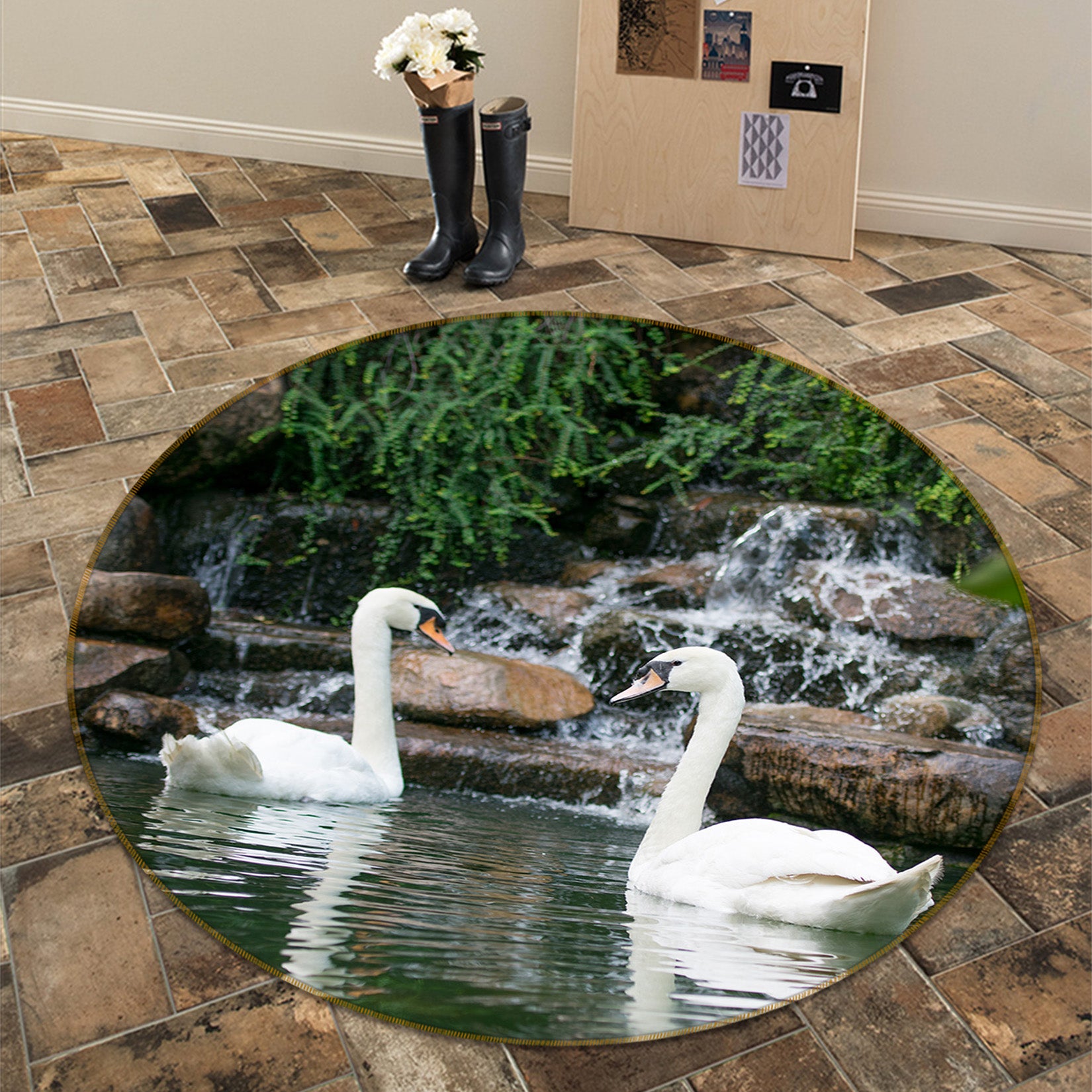 3D Swan Lake Stone 82280 Animal Round Non Slip Rug Mat