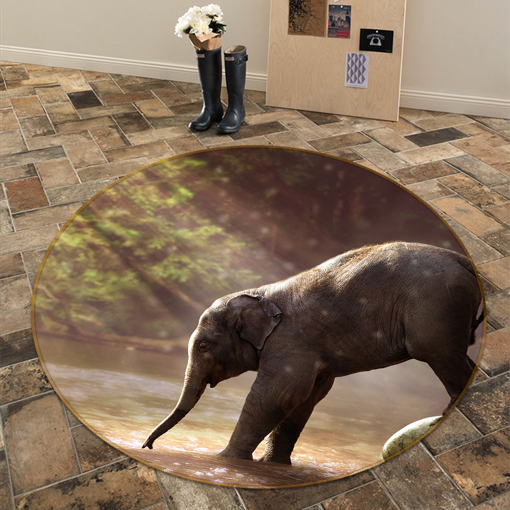 3D Elephant 82212 Animal Round Non Slip Rug Mat