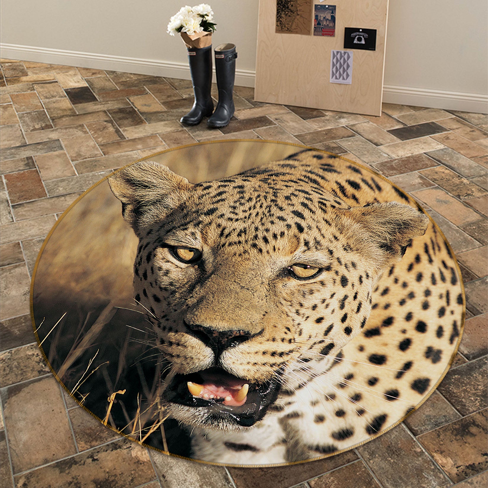 3D Leopard 37150 Animal Round Non Slip Rug Mat