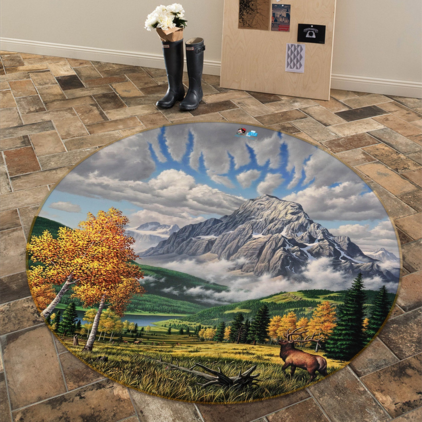 3D Mountains Grass Tree 83117 Jerry LoFaro Rug Round Non Slip Rug Mat