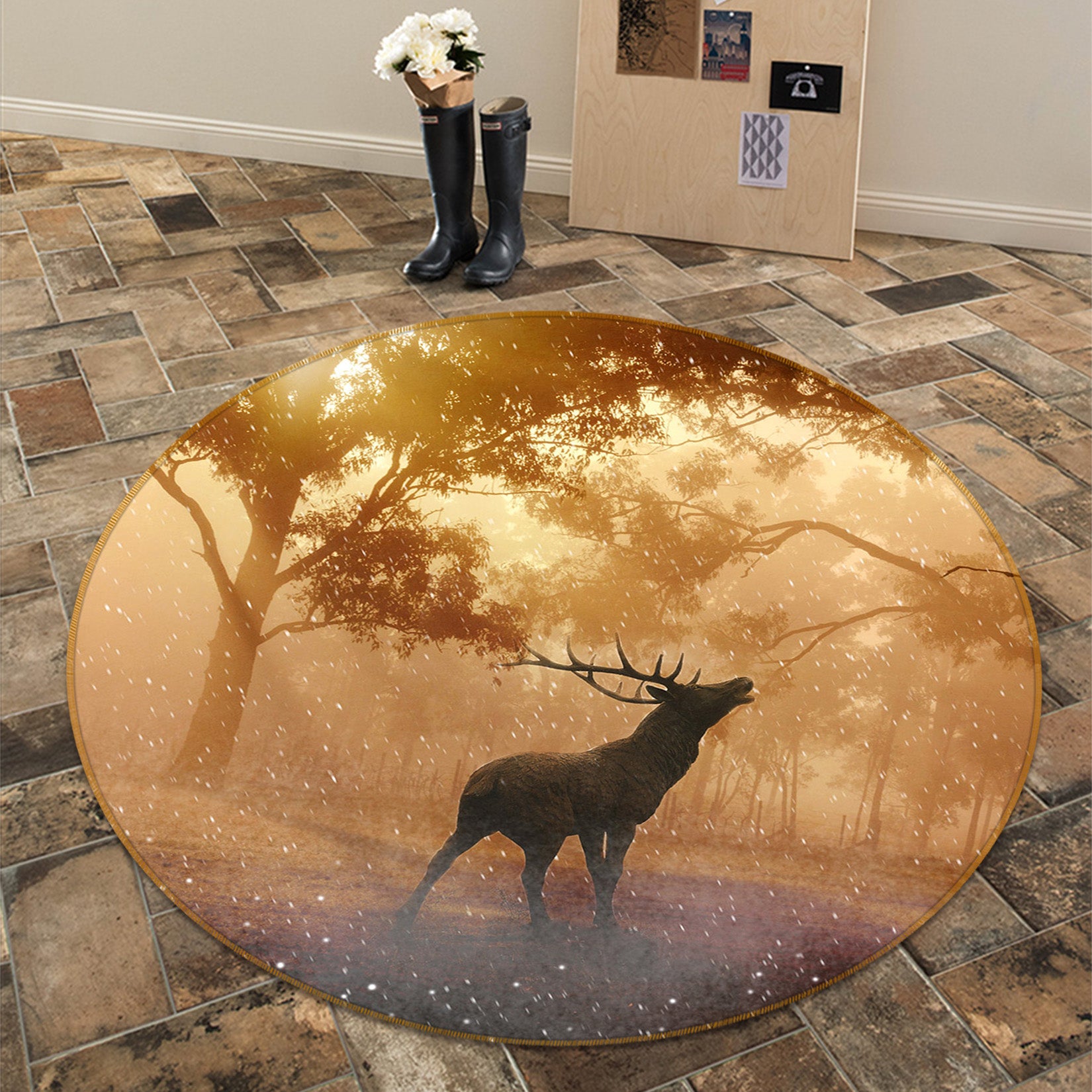 3D Trees Deer 82232 Animal Round Non Slip Rug Mat