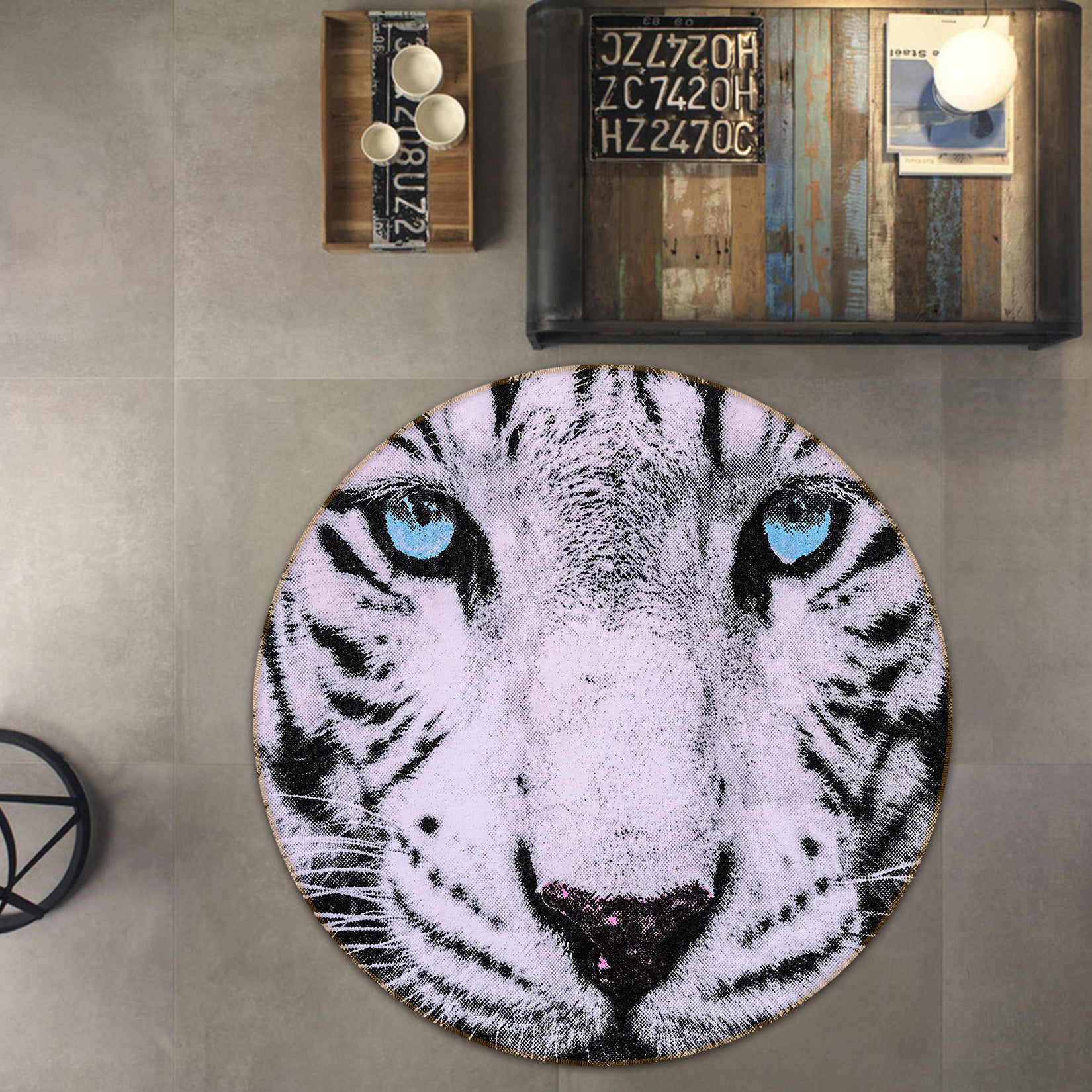 3D White Tiger 38095 Animal Round Non Slip Rug Mat