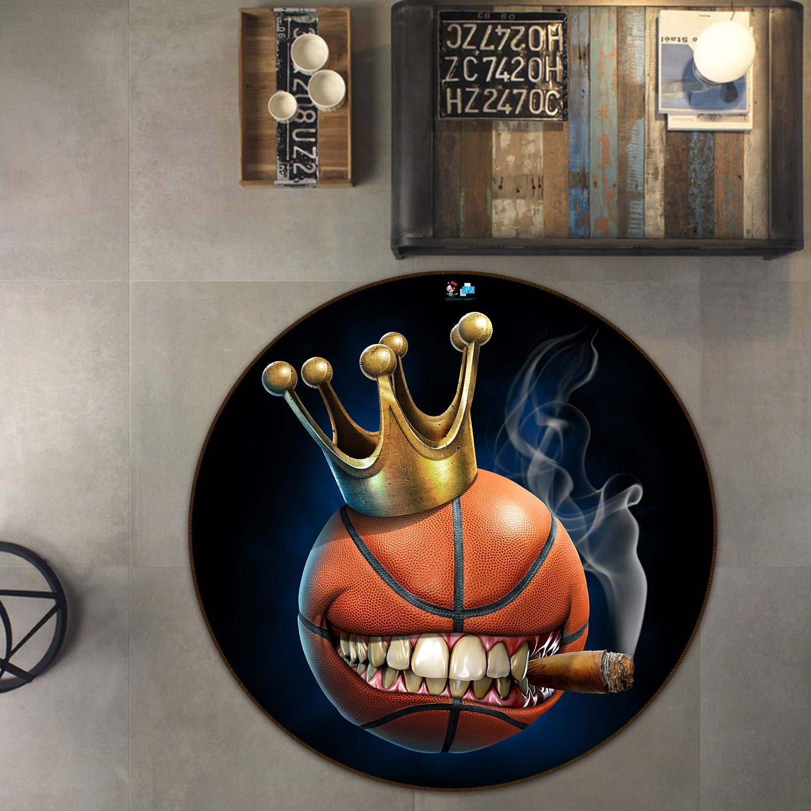 3D Crown Teeth Basketball 4150 Tom Wood Rug Round Non Slip Rug Mat