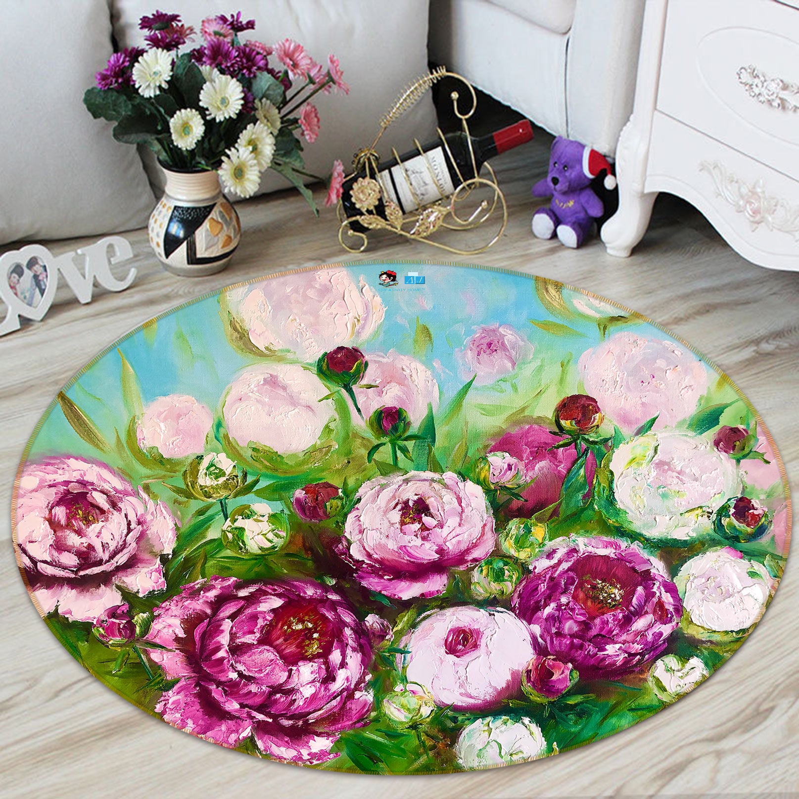 3D Pink Bouquet 733 Skromova Marina Rug Round Non Slip Rug Mat